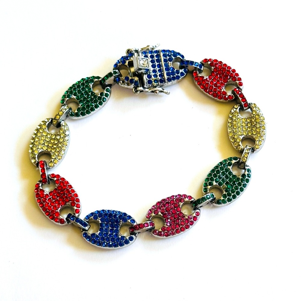 Rainbow colorful rhinestone Bracelet Coffee Bean link chunky statement 7.5"